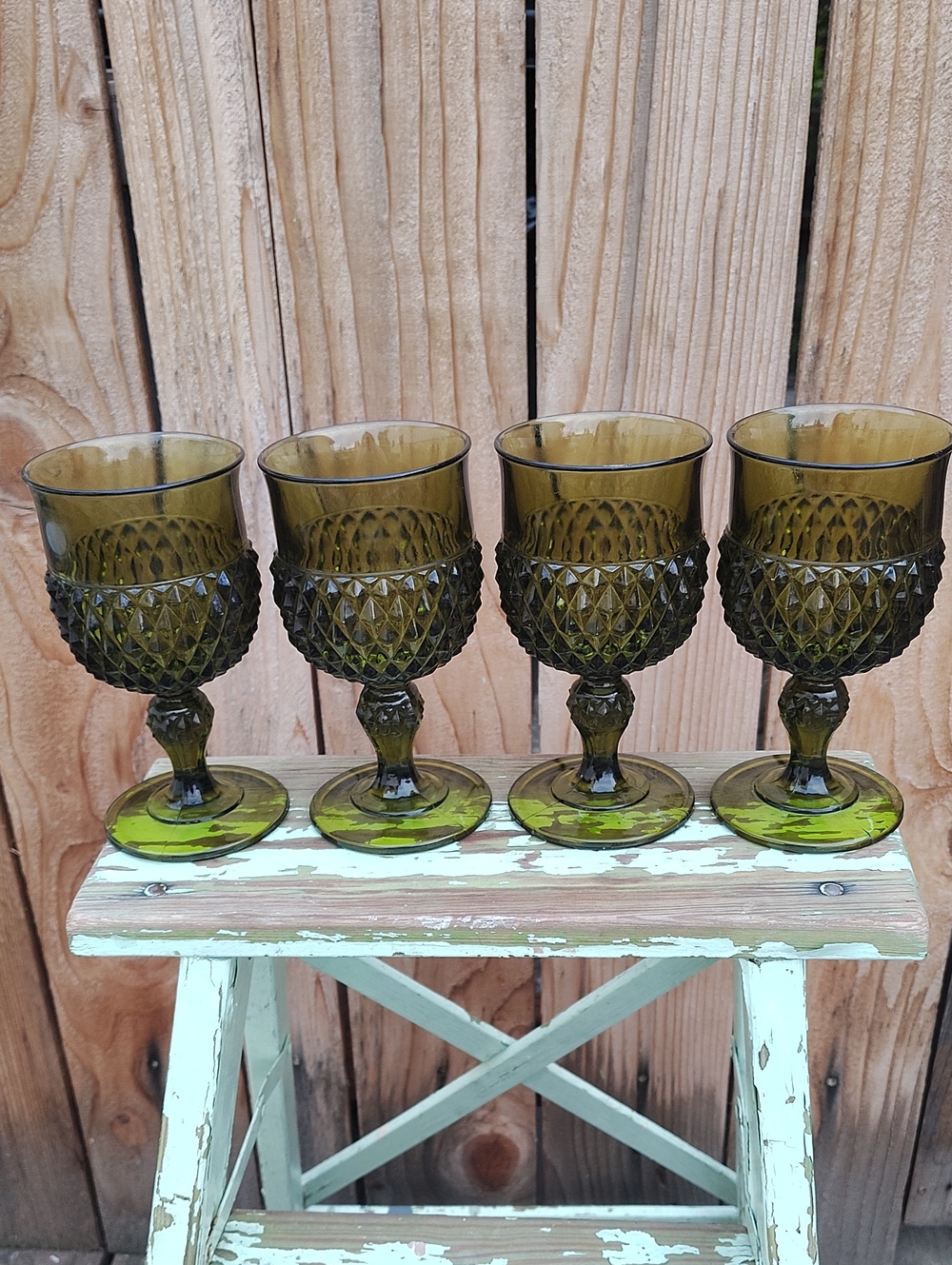 Olive Green Diamond-Pattern Goblet Glasses - Set of 4 - Indiana Glass